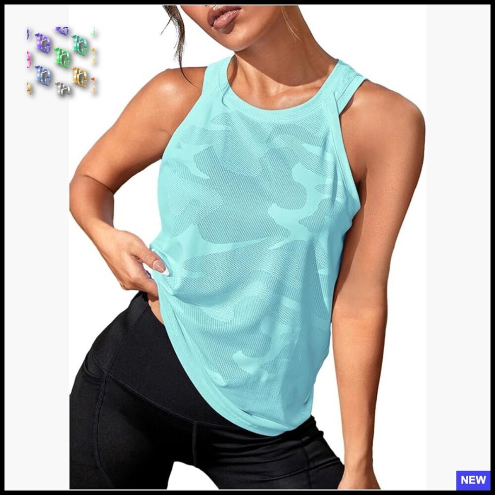 Camo Print Sleeveless Tank Top Lightweight Quick Dry Active Gym Yoga Wear